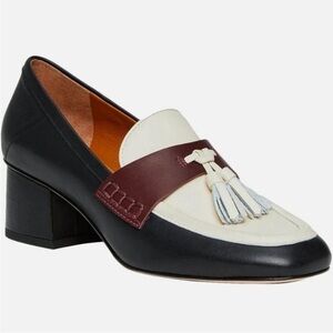 J. McLaughlin Leather Penny Loafers Tassels Wenona Heel Black White Wine Sz 8.5